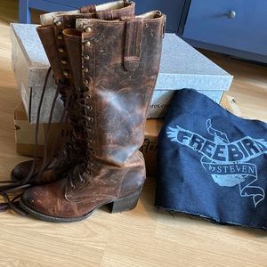 Freebird Granny chocolate lace up zip up heeled leather combat boots sz 9